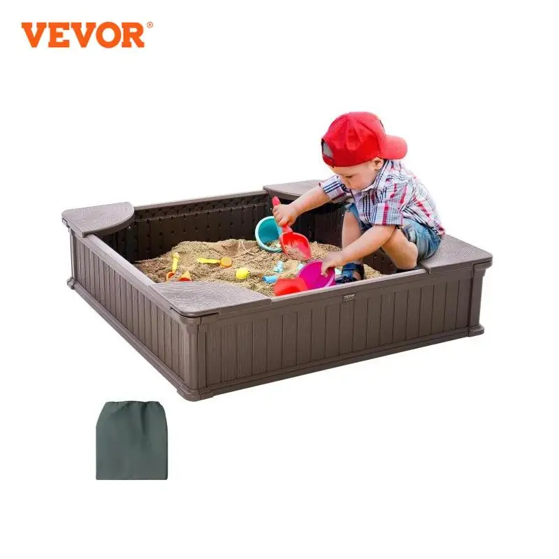 VEVOR Sandbox with Cover in Square Sand Box  Sand Pit with 4 Corner Seating and Bottom Liner Kids Sandbox for Outdoor for Kids