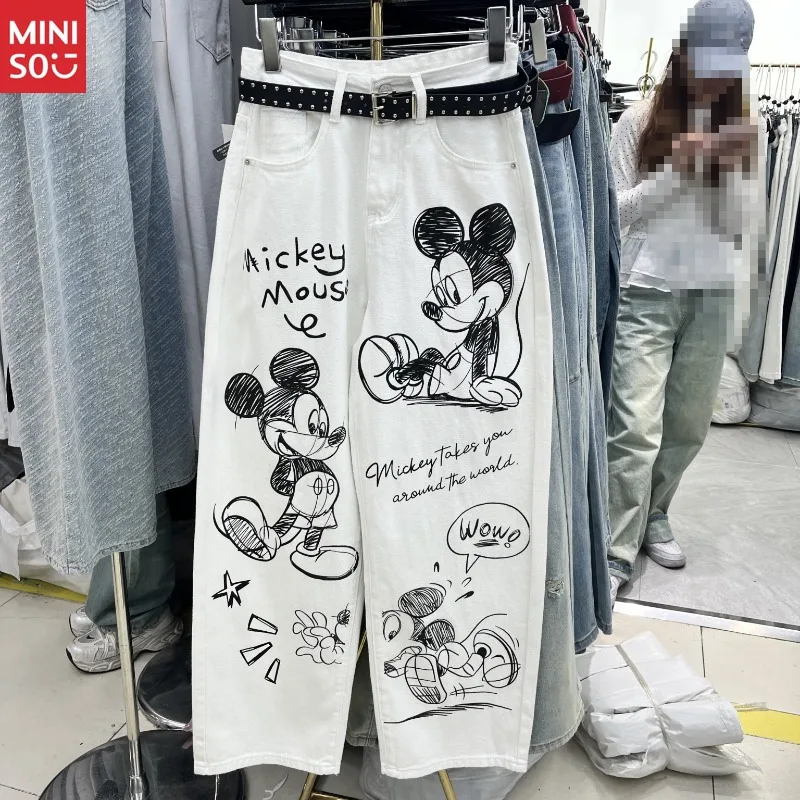 

Disney 2025 New Fashion Cartoon Print Vintage Straight Leg Jeans Women High Waist Slim Fit Loose Wide Pants