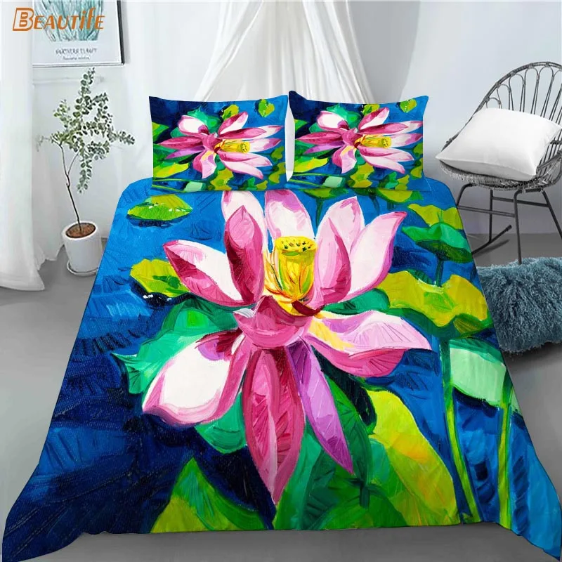 

Nice Lotus Flower Painting 1 Duvet Cover 2 Pillowcases Polyester Fabric Bedding Set Family Boy Kid Set Duvet Cover Set