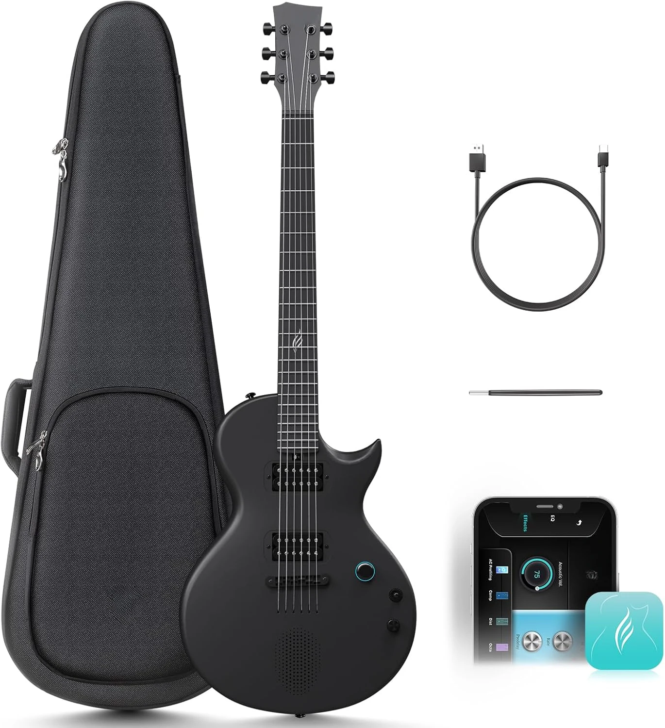 Electric Guitar Nova Go Sonic Smart Electric Carbon Fiber Guitarra with 10W Wireless Speaker, Onboard Presets, Charging Cab