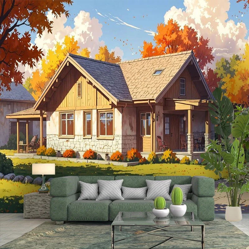 1PC Fall Cabin Anime Scenery View Print Backdrop Banner, Bedroom Living Room Photo Background, Polyester, Home Decor, Wall Art