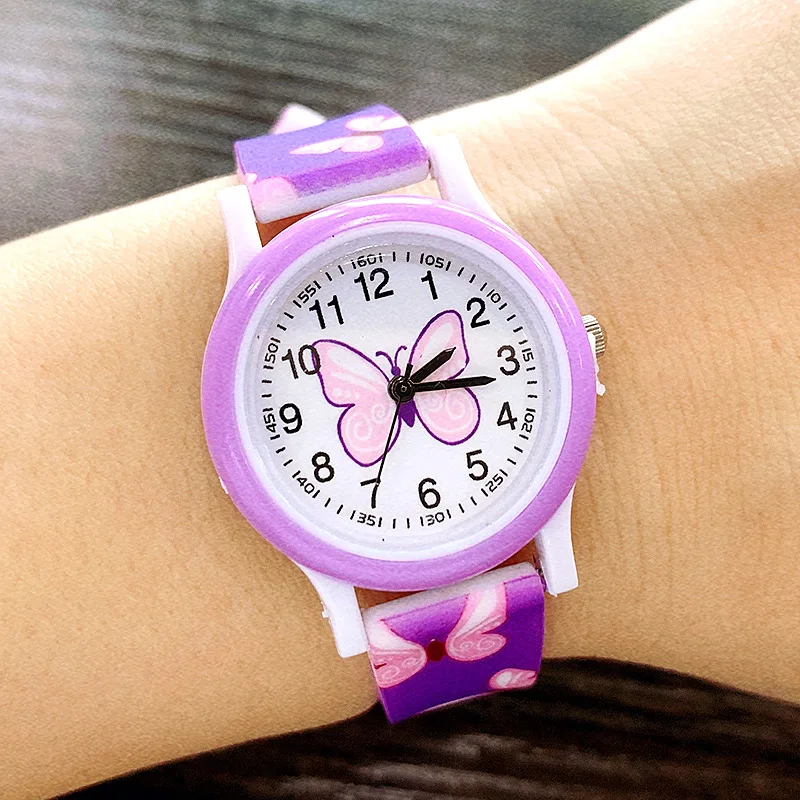 

Cute Cartoon Girls Watch Butterfly Printed Silicone Tape Children Quartz Wristwatch Kids Casual Watches