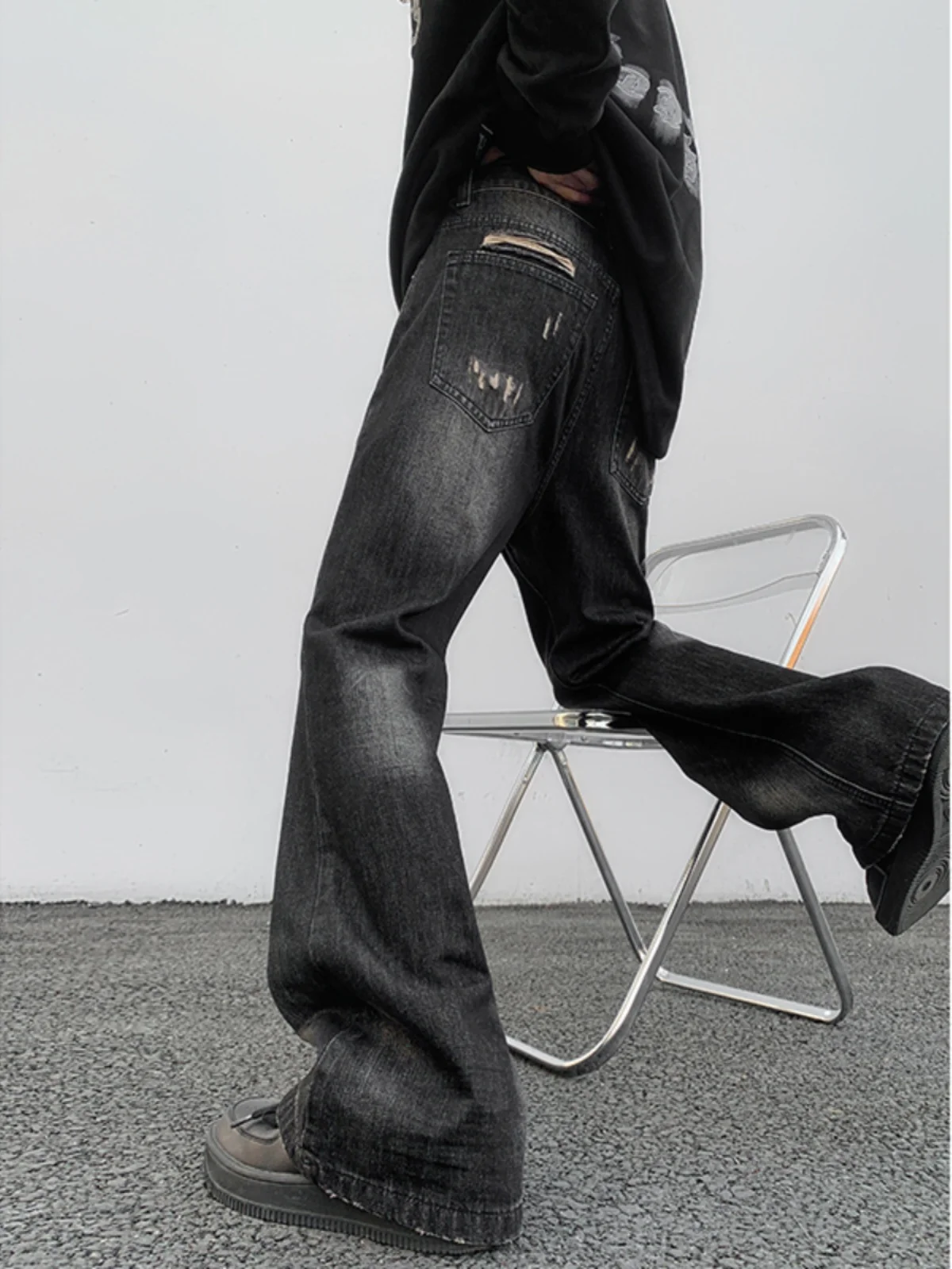 

Black Bell Bottom Jeans Men's American High Street Style Loose Straight Wide Leg Pants Autumn Trendy Brand Floor Length