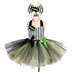 Halloween Costumes Kids Girl Black White Striped Tulle Tutu Dress and Headband 2PCS Toddler Halloween Outfit Beetle Cosplay