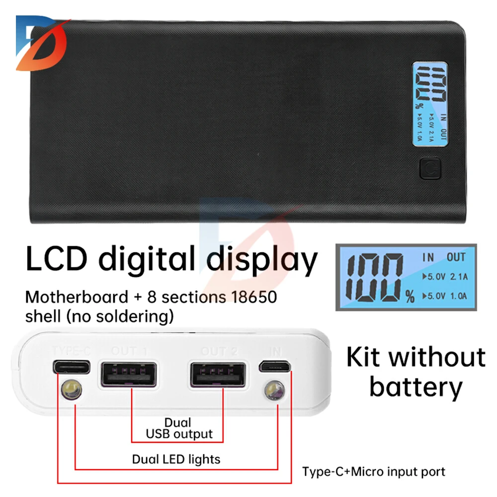 8*18650 mobile power battery boxes portable dual USB Micro Type-C charging shell suitable for iPhone18650 battery box shell