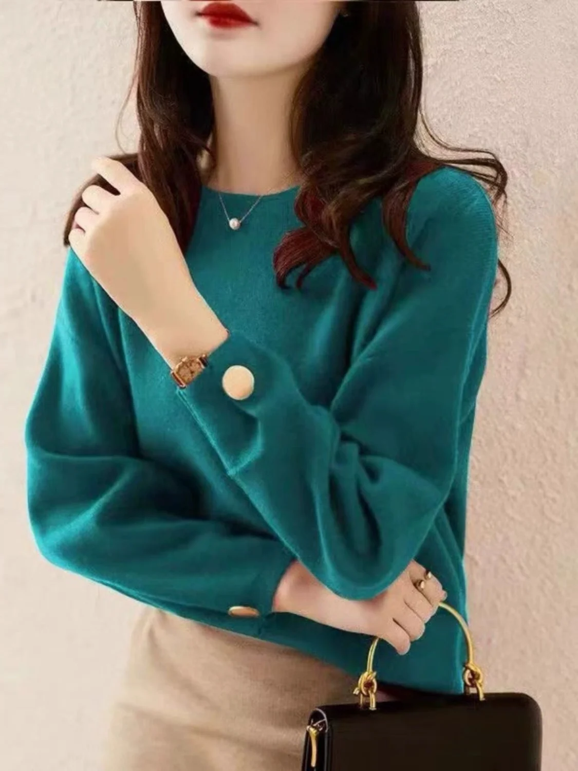 Loose Knitted Base irt Red Luy Year Dragon New Year Inner Wear Sweater Commute Sle Long Sve round Ne Regular Length