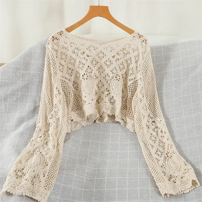 

Женская вязаная крючком блузка-топ в стиле бохо с вырезами, с длинным рукавом, кружевная, для пляжного отдыха, свободная футболка, женская