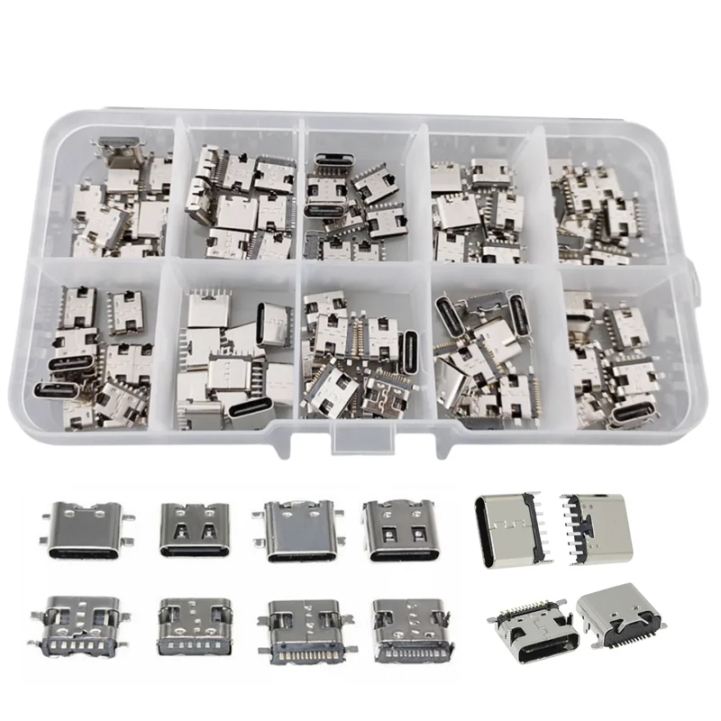 Type-C USB Charging Dock Connector 100Pcs/10 Models Mix 6Pin & 16Pin Motherboard Port for Phone & Digital Device Repair Kit