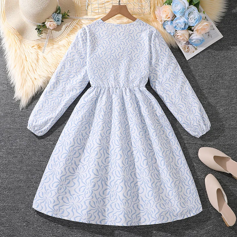 Europe and America Spring Autumn Casual Children Girls Print Long Sleeve Dress Kids Princess Bow Dress for 8-12 Years Old