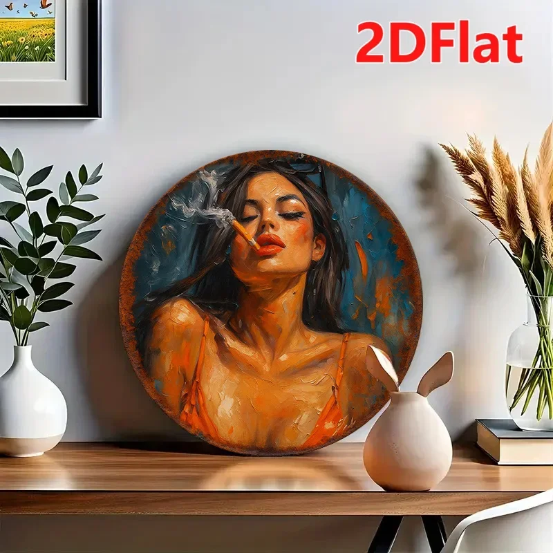 Vintage Smoking Girl Metal Wall Art, 20x20 Inch Round Tin Sign for Home Bar Cafe Decor