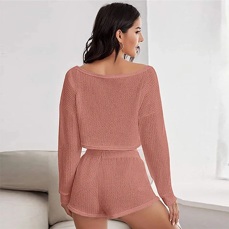 2024 Women\'s Summer Pajamas Two-piece Set One Shoulder Long Sleeve Short Top Elastic Waist Shorts Suit Casual Home Wear Suit