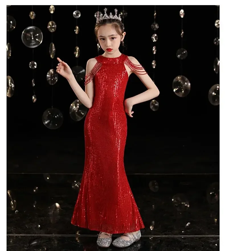 Teens Elegant Sequins mermaid dress for Prom Girls Kids bridesmaid wedding Ceremony dresses Children Party Evening Cocktail Gown