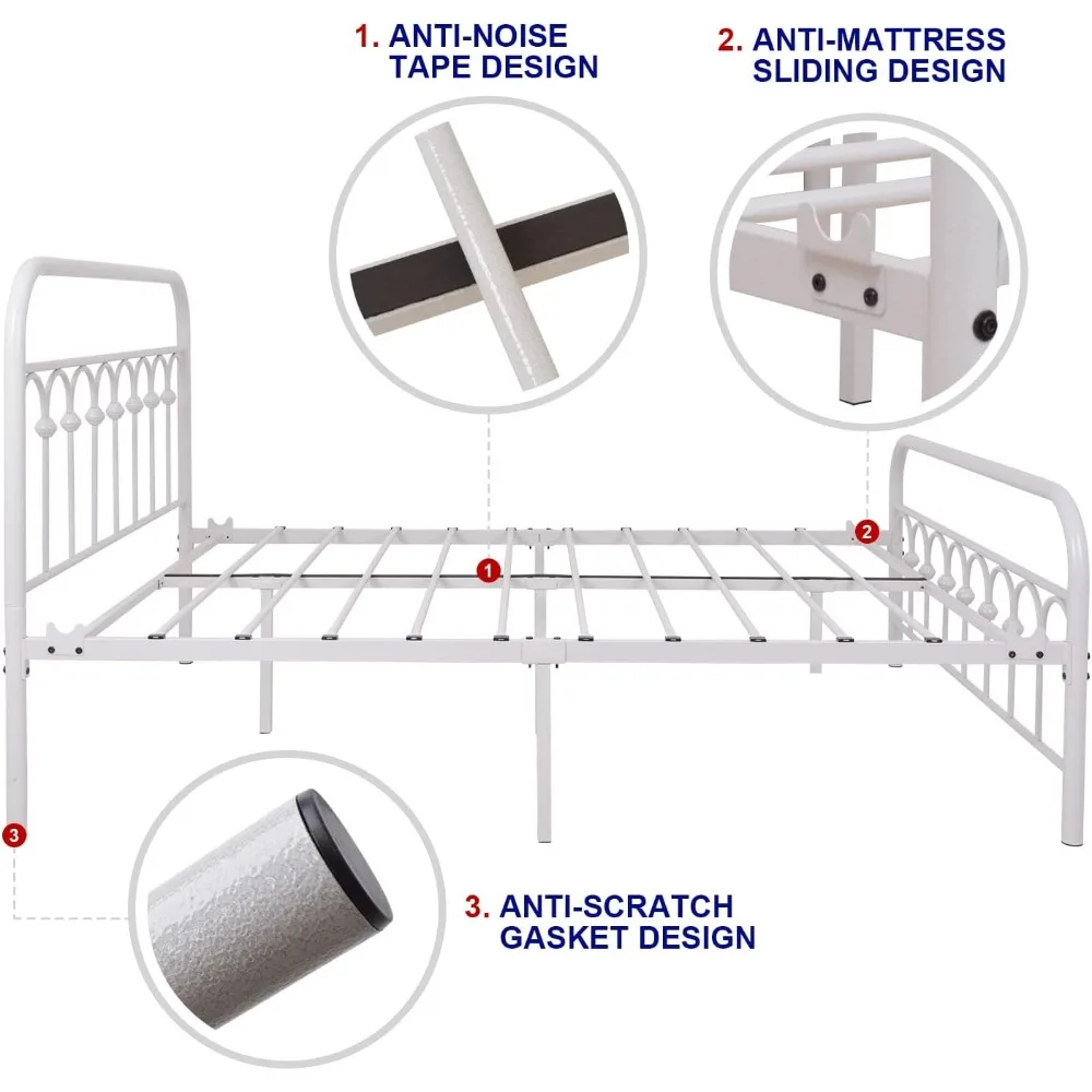 โครงเตียงเหล็กดัดสไตล์วินเทจขนาดเต็มพร้อมหัวเตียงและที่วางเท้า ฐานแบบแท่น สีขาว