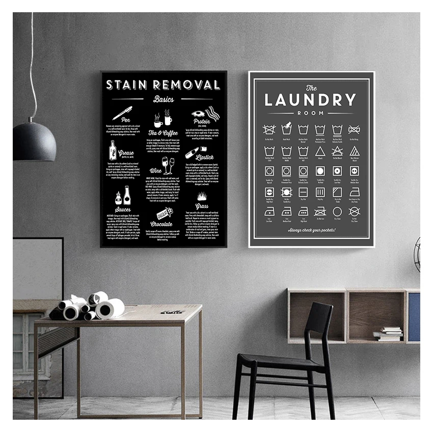 Sign Canvas Art Posters Prints Black White Painting Laundry Room Wall Decor Housewarming Gift Symbols and Stain Removal