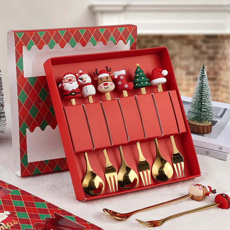 

Christmas Dinnerware Stainless Steel With Luxury Gift Box Tableware Desser Fork Coffee Spoon Santa Cutlery For Christmas