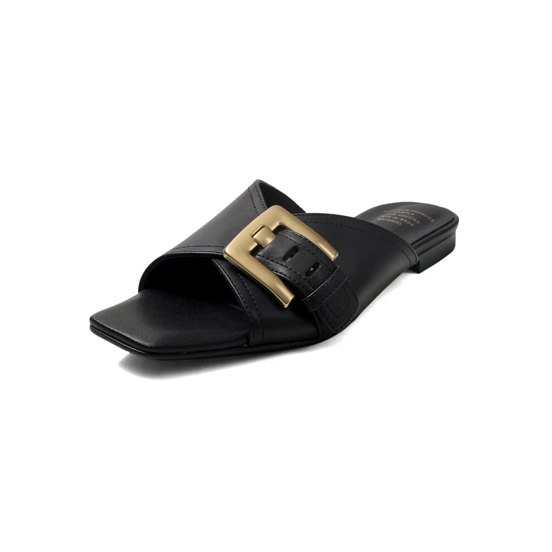 

2026 Spring Summer New Women's Modern Slippers Metal Buckle Decoration Genuine Leather Square-Toe Slip-On Sandals Bota Feminina