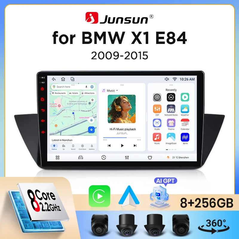 Autoradio Junsun sans fil CarPlay Android Auto pour BMW X1 Mk1 (E84) 2009-2015 avec ventilateur de refroidissement intégré, navigation GPS Android, lecteur mult