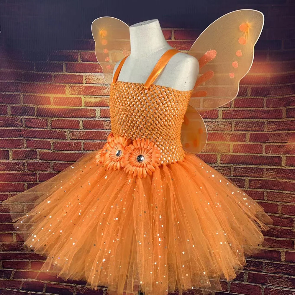 Girls Orange Glitter Tulle Dress Kid Butterfly Fairy Tutu Dresses with Wing Children Halloween Cosplay Costume