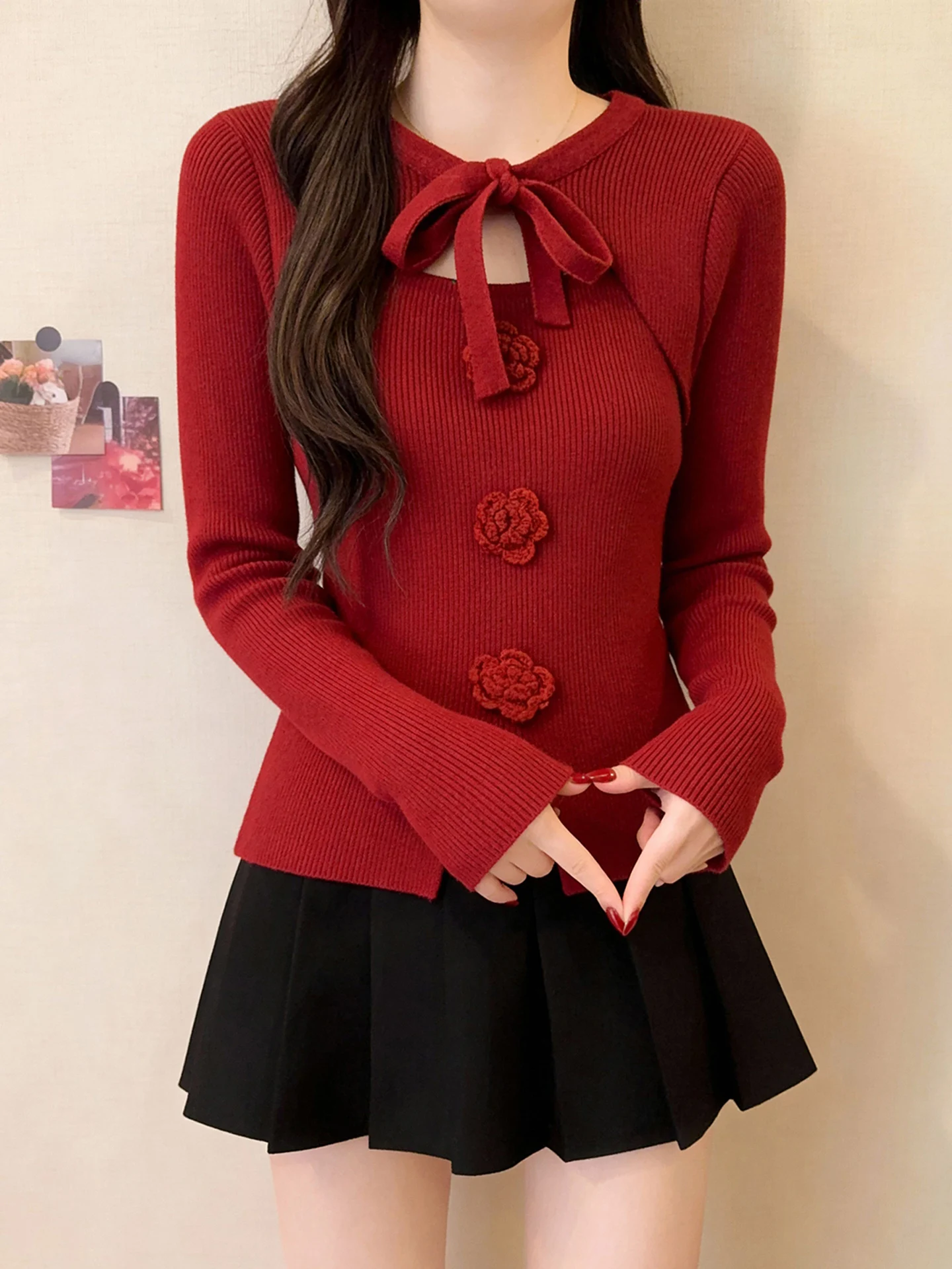 

Cisas Aosphere Ele 3D Flower Belted Knitwear Women's Spring Autumn Design Subtle Soft Top Ci Walk Sle