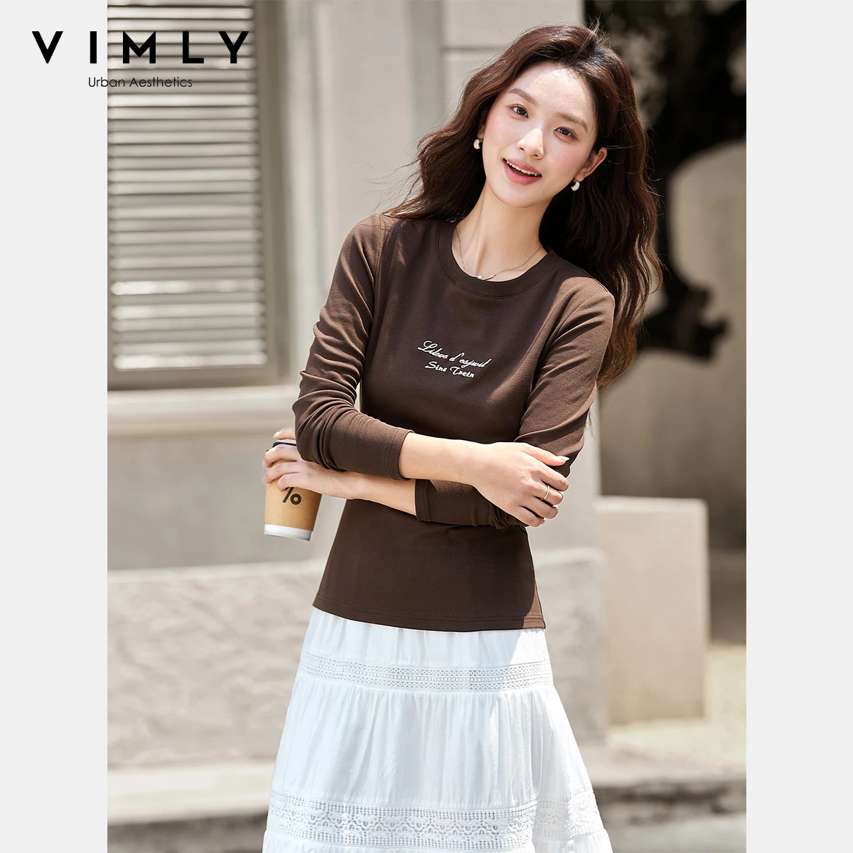 VIMLY Cotton Woman Brown T-shirts Letter Printing O-neck Casual Ladies Tees 2025 Autumn Slim Ladies Long Sleeve Knit Tops A2060
