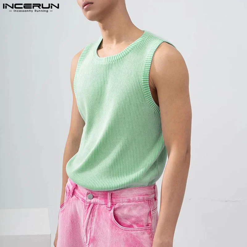 INCERUN Tops 2024 Korean Style Handsome New Men Solid Knitted Pit Vests Casual Streetwear Comfortable Sleeveless Tank Tops S-5XL