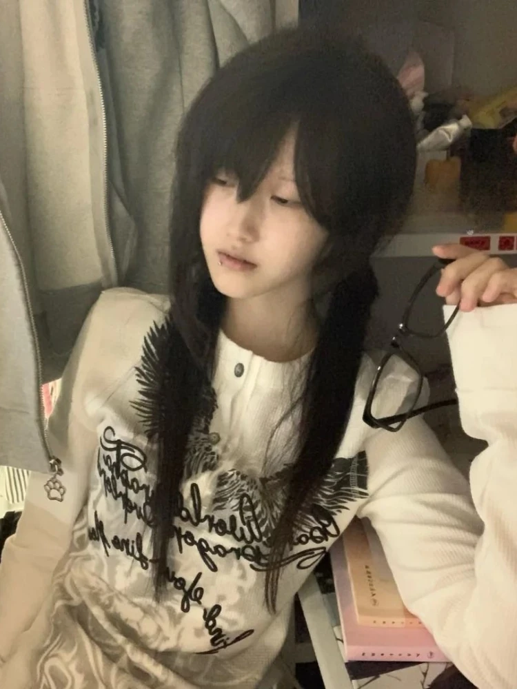 اليابانية خمر الجناح إلكتروني الطباعة عادية تيز الشارع الشهير Bodycon سليم صالح بلايز Harajuku الخريف المرأة الجرونج تي شيرت