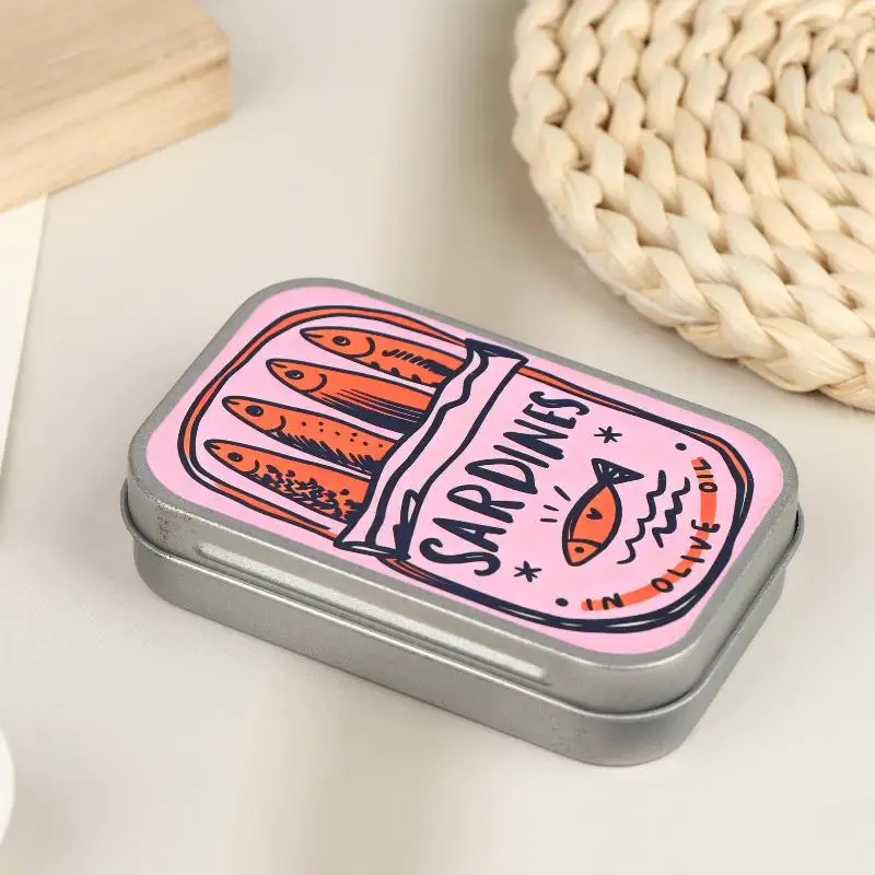 1Pcs Portable Tin Case Mini Metal Box Cute Sardine Print Tin Box Small Pill Case Travel Jewelry Storage Case Desk