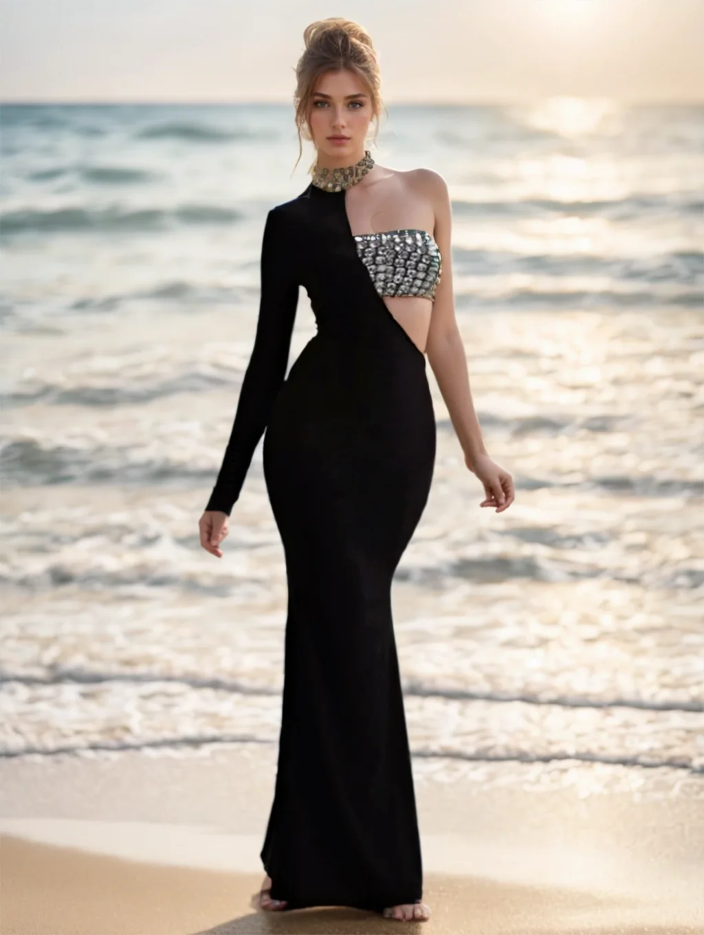 Vestidos maxi com bandagem recortada de um ombro – Vestido de noite preto assimétrico para celebrações de aniversário com corpete de lantejoulas prateadas