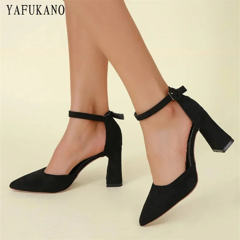 Simple Fashion Mid Hollow Single Shoes Summer Pointed Toe Chunky Heeled Ankle Strap Sandals Solid Flock Casual Pumps High Heels