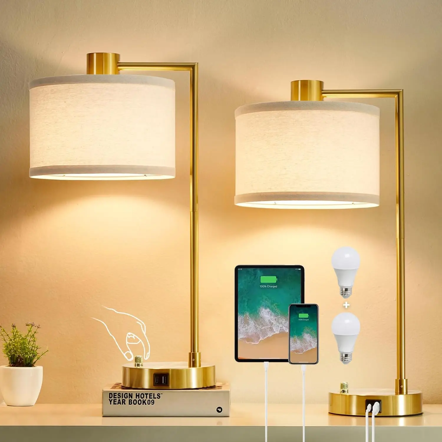 

Set of 2 Dimmable Table Lamps with USB C+A Ports, Linen Shade for Bedroom Living Room Office, Includes LED Bulbs (Gold)