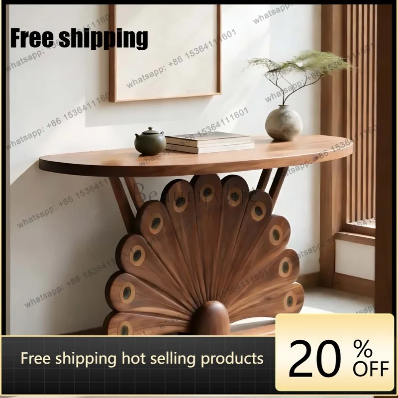 YJ Peacock Pattern Carved Solid Black Walnut Entryway Console Table New Chinese 2026 New Narrow Hallway Long End View Furnitur