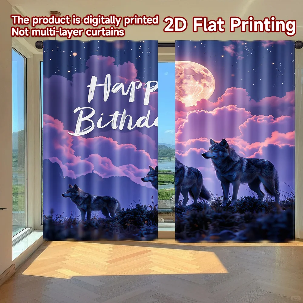 

2D flat printing 2pcs Curtain Birthday Night Wolves Digital Printed Polyester Drapes Festive Wall Decor Use for Photo Booths