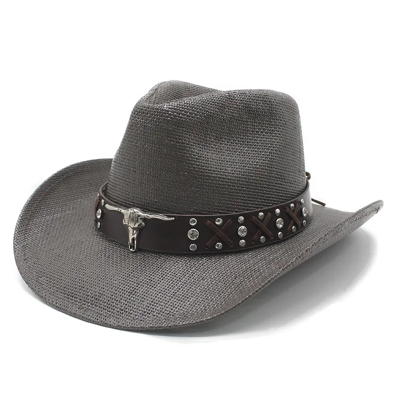 Vintage Bull Head Decorative Straw Hat Hot-Selling Western Cowboy Hat for Men and Women Summer Sun Hat