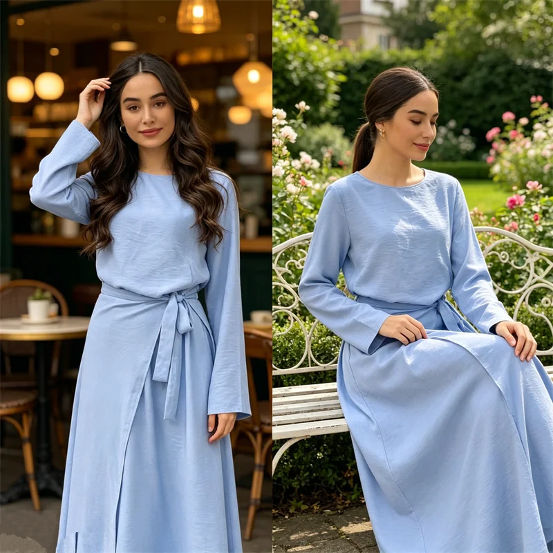 

2PCS Muslim Sets Ramadan Eid Women Long Dress Wrap Skirt Islam Clothing Turkey Kaftan Matching Outfits Dubai Abaya Ensembles