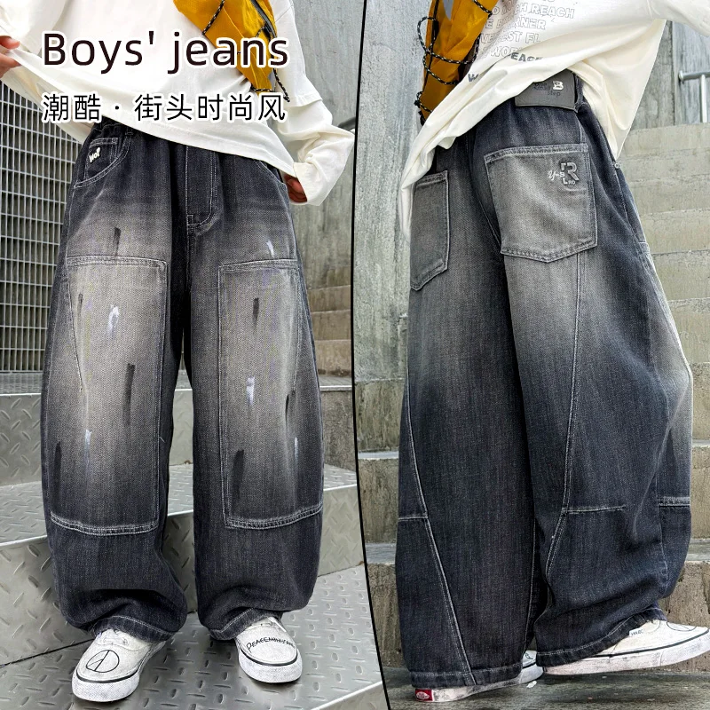 Retro American High-Waist Gray Y2K Straight Color Drawing Jeans for Kids Hip Hop Streetwear Fashion High Street Pants Age 4-14Y