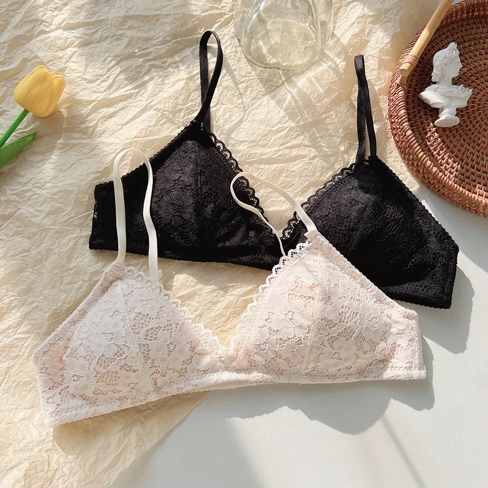 Sexy Bralette Wireless Lace Bra Woman Underwear Soft Comfortable Sleep Tops French Deep V Small Chest Bralet Intimates Lingerie