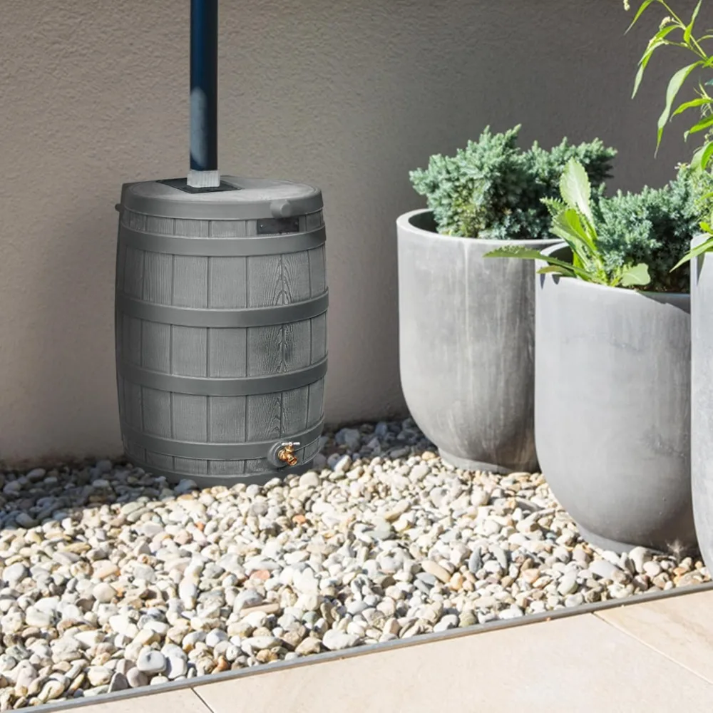 50 Gallon Large Capacity Outdoor Rainwater Harvesting Barrel with Brass Tap and Low Profile Design