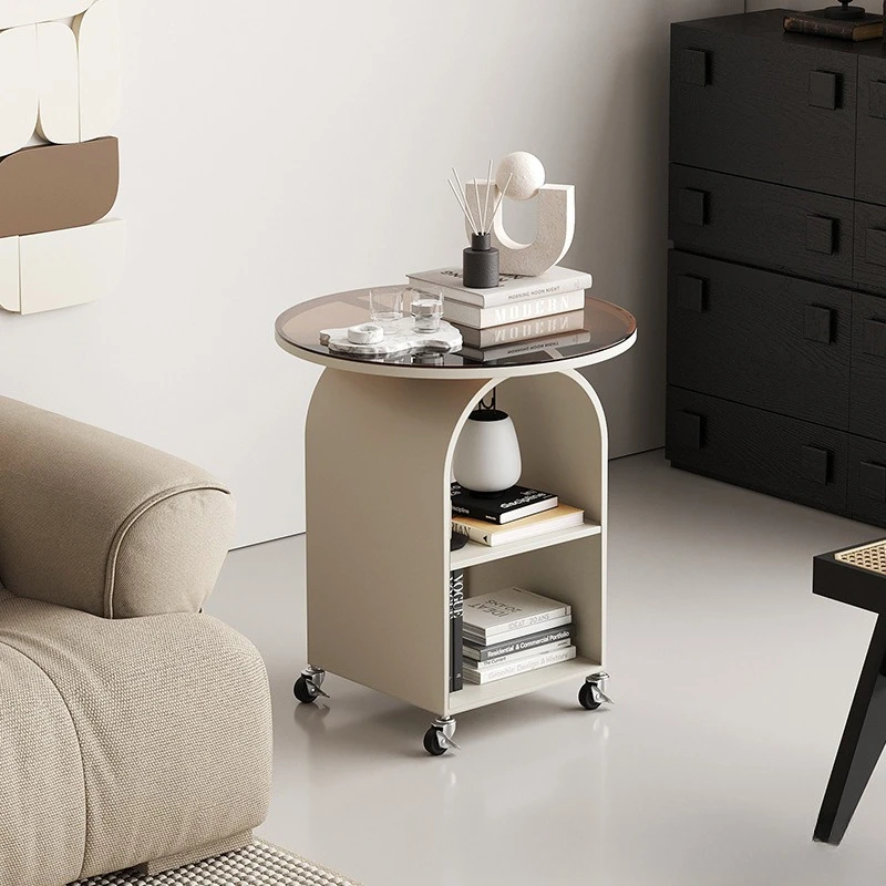 Movable wheeled living room sofa side glass small coffee table