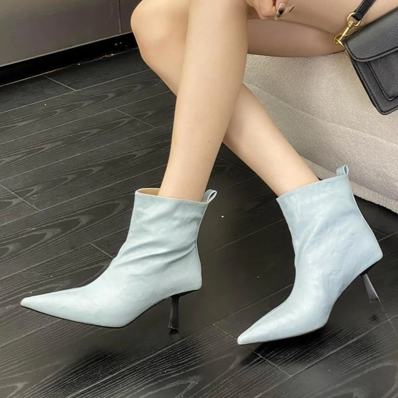 2026 Fall New Pointed Toe Slim Mid-Heel Ankle Boots for Women Soft Leather European and American Fashion High Heel Short Boots