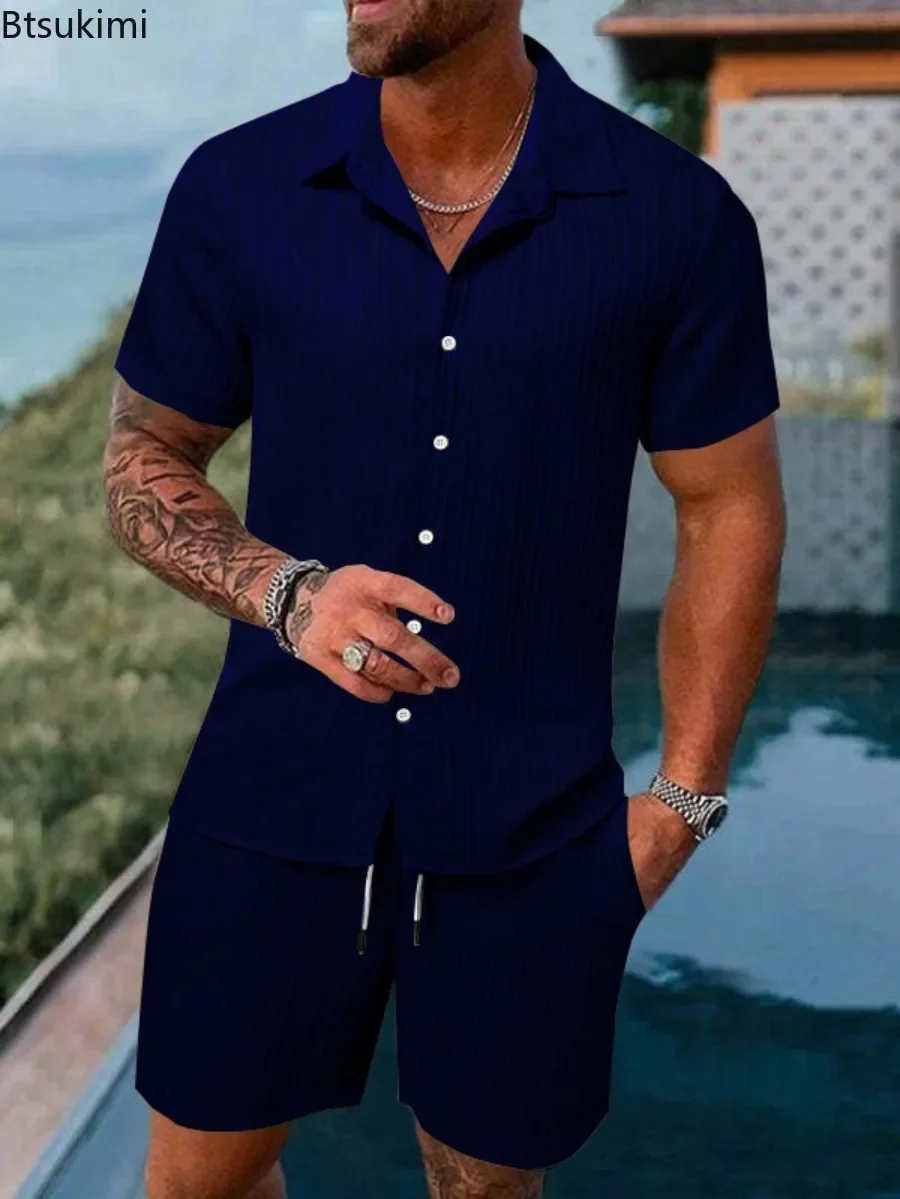 Conjuntos de estilo playero para hombre, camisas de manga corta y pantalones cortos con textura de tira de alta calidad, cómodas e informales, de 2