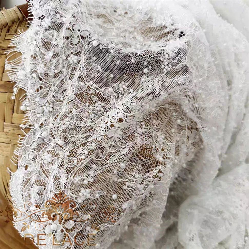 SXGN Delicate Soft Chantilly Eyelash Lace Floral Embroidered Wedding Dress Fabric with Beaded High Quality Lace Fabric