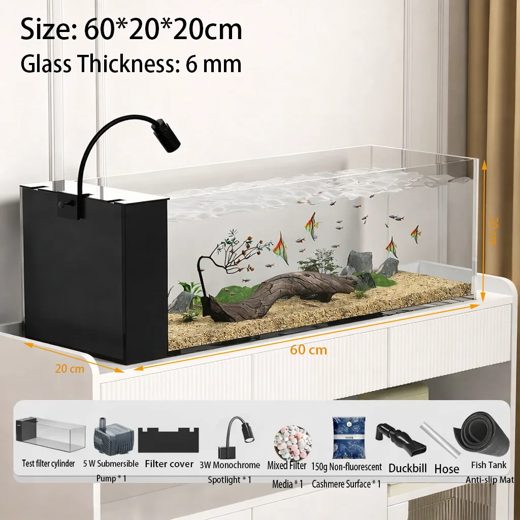 Living Room Stream Aquascape Fish Tank Ultra-Clear Glass, Integrated Bottom & Side Filter, High-Definition Light Transmission