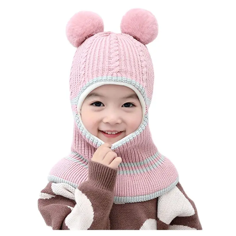 Thick Knitted Winter Hats for Kids 2-5years Children Balaclava Style Fleece Lining Girl Pom Beanie Pink Yellow Grey Black Beige