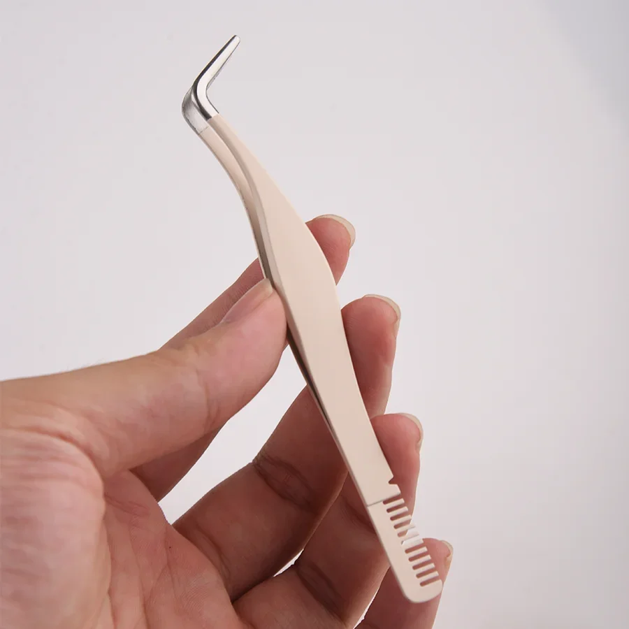 Pinzas para pestañas de acero inoxidable, pinzas para extensión de pestañas con peine, herramienta de aplicación de pestañas postizas para niñas y mujeres principiantes, 1 ud.