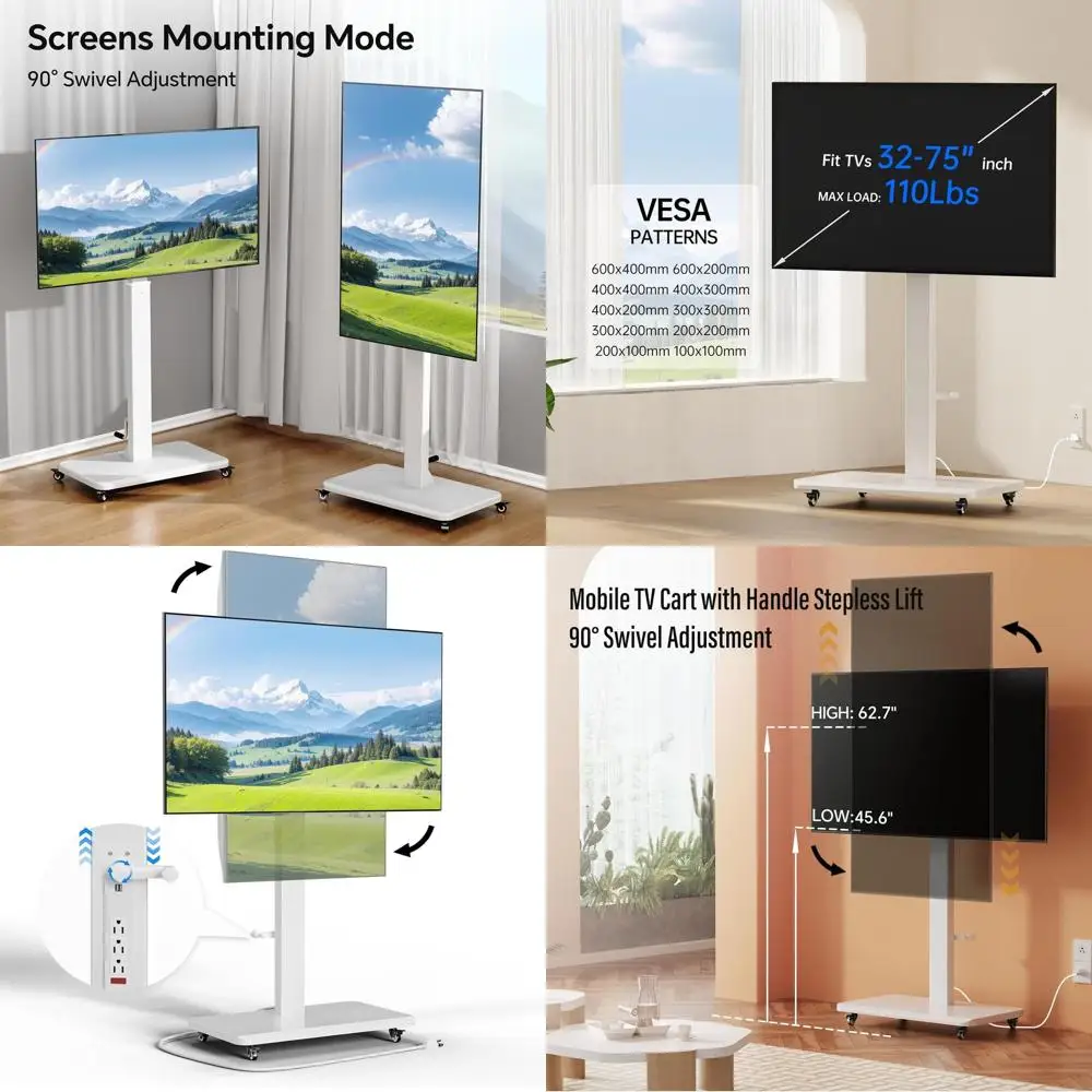 

Подвижная подставка для телевизора с регулируемой высотой и розеткой, вмещает телевизоры с диагональю 32-75 дюймов, 90 ° Поворотный механизм, белый