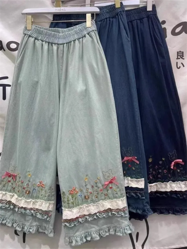

plus Size Retro Lace Embroidery Denim Pants Women Summer Casual Loose High Waist Wide Leg Pants Korean Sle Commute Faion