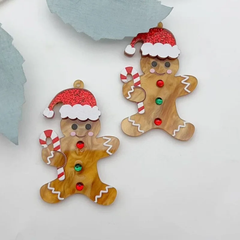5Pcs Xmas Gingerbread Man Acrylic Pendants Santa Hat Candy Cane Charms DIY Jewelry Craft Supplies