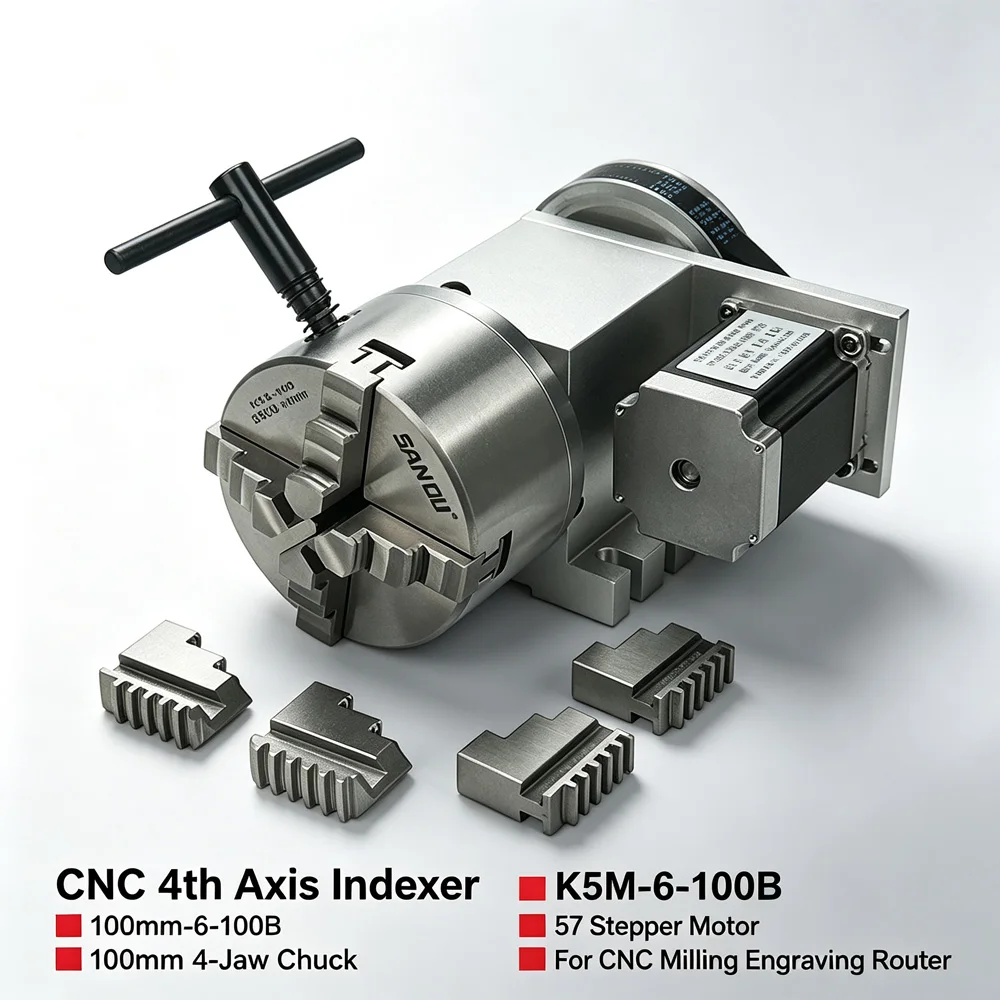 CNC 4Th Rotary A Axis K5M-6-100 Hollow Shaft 100Mm 3 Jaw 4 Jaw Chuck For CNC Router Milling Machine Workholding Fixture