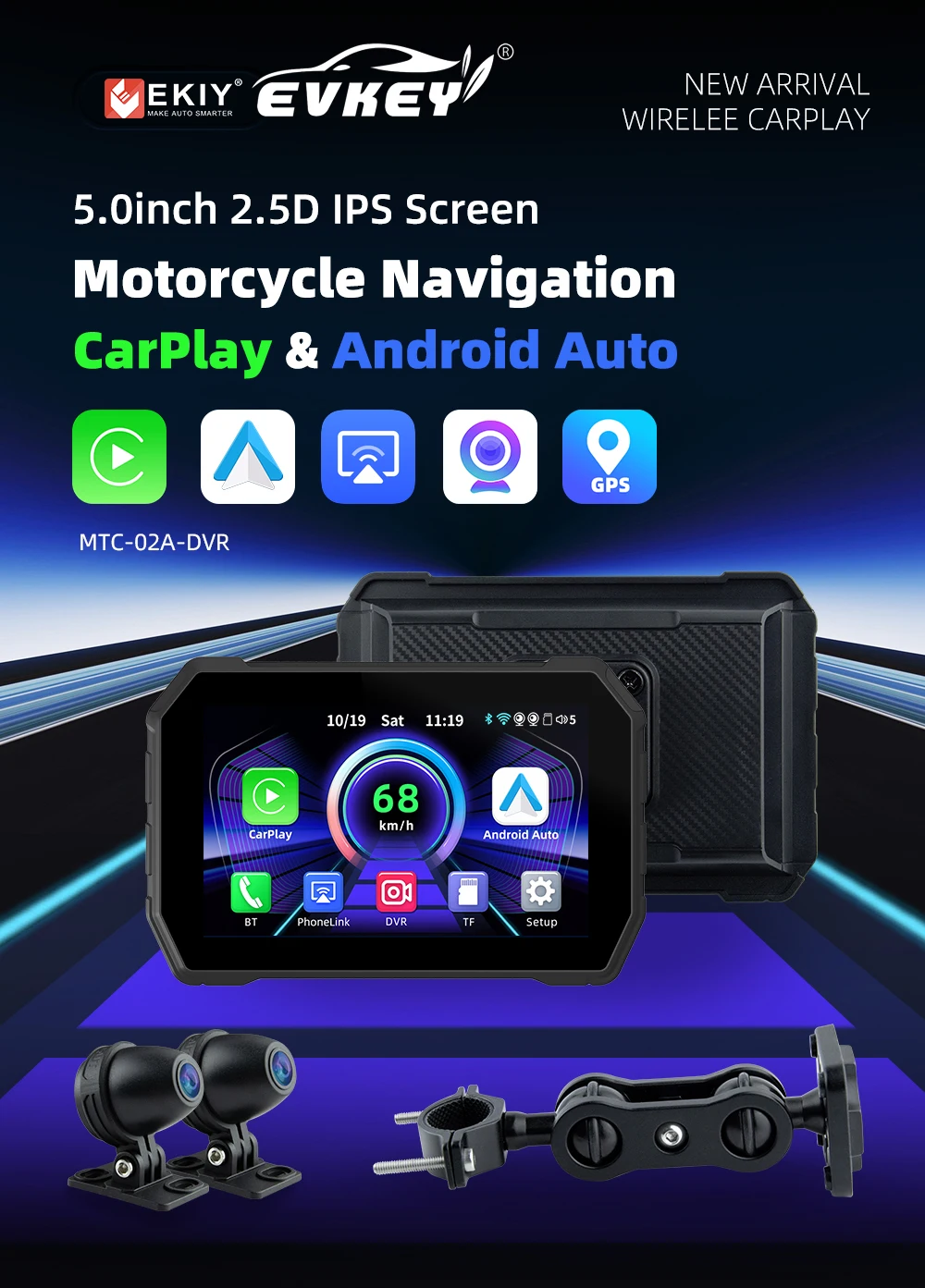 EVKEY Carplay Display Screen Portable Motorcycle Android Auto GPS 5 inch New Design MOTO Navigation Speed GPS Accessories