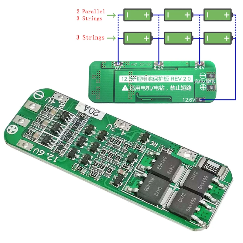 3S 20A Li-ion Lithium Battery 18650 Charger PCB BMS Protection Board For Drill Motor 12.6V Lipo Cell Module 64x20x3.4mm